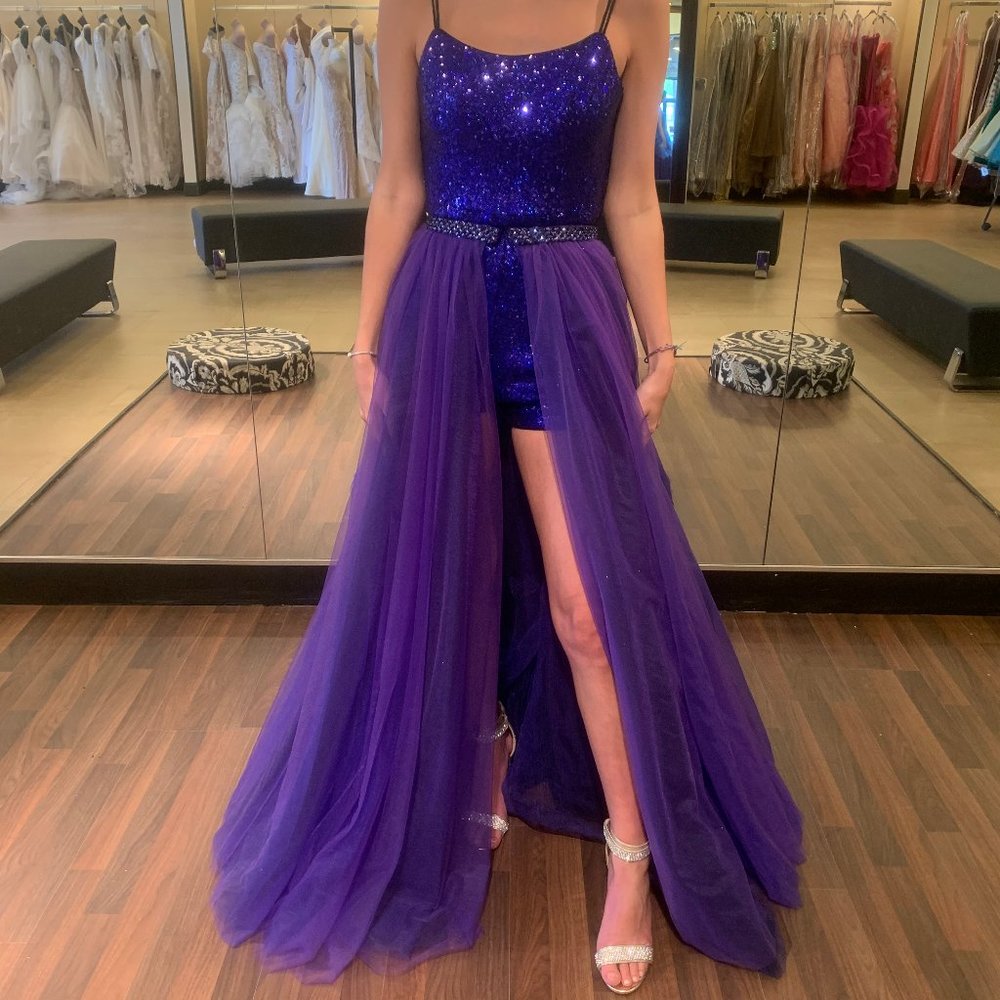 sequin romper with tulle overskirt and laceup back